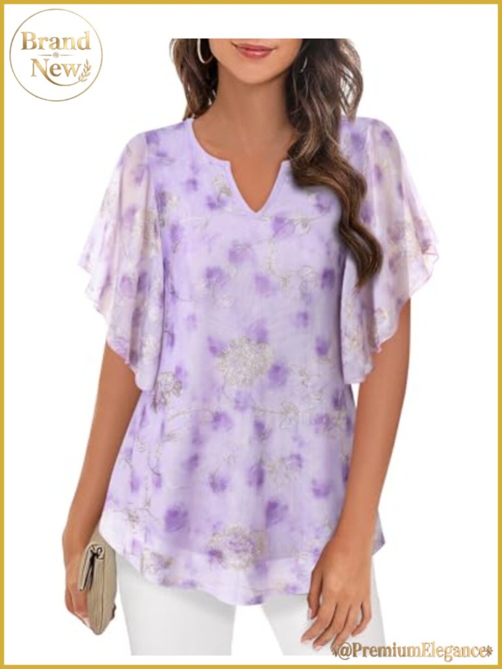 Women's V Neck Floral Mesh Tunic Blouse Short Ruffle Sleeve Double Layer Top